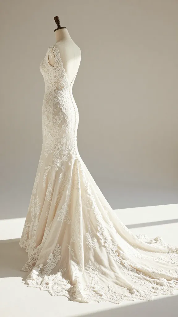 Side view of an A-line lace wedding gown on a model in a sunlit studio, emphasizing the dress’s silhouette, train, and elegant draping with intricate lace edging along the hem.