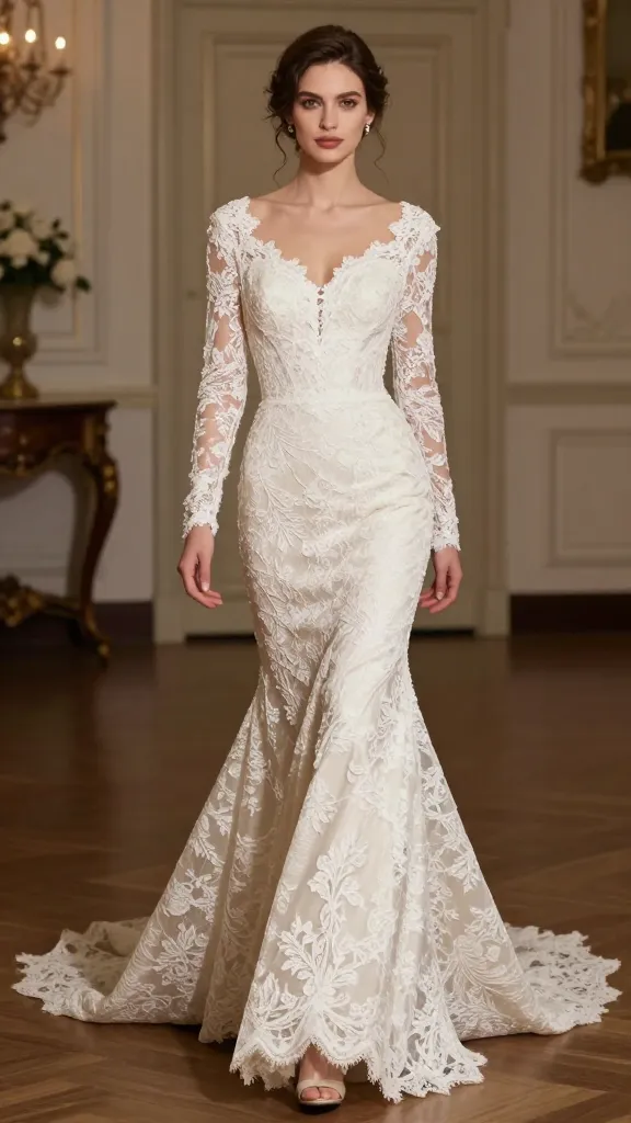 Full-length shot of a timeless lace mermaid silhouette gown on a bride walking through a vintage ballroom, showcasing dramatic fit-and-flare shape and ornate lace detailing.