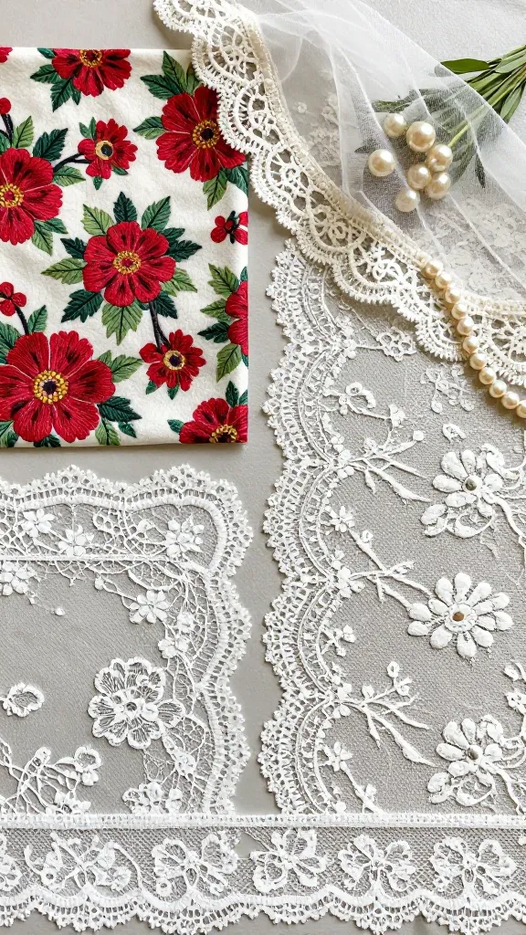 Romantic flat lay of various lace swatches (bold florals and Chantilly lace) arranged with a vintage lace-trimmed veil, pearls, and a delicate bouquet for color and pattern comparison.