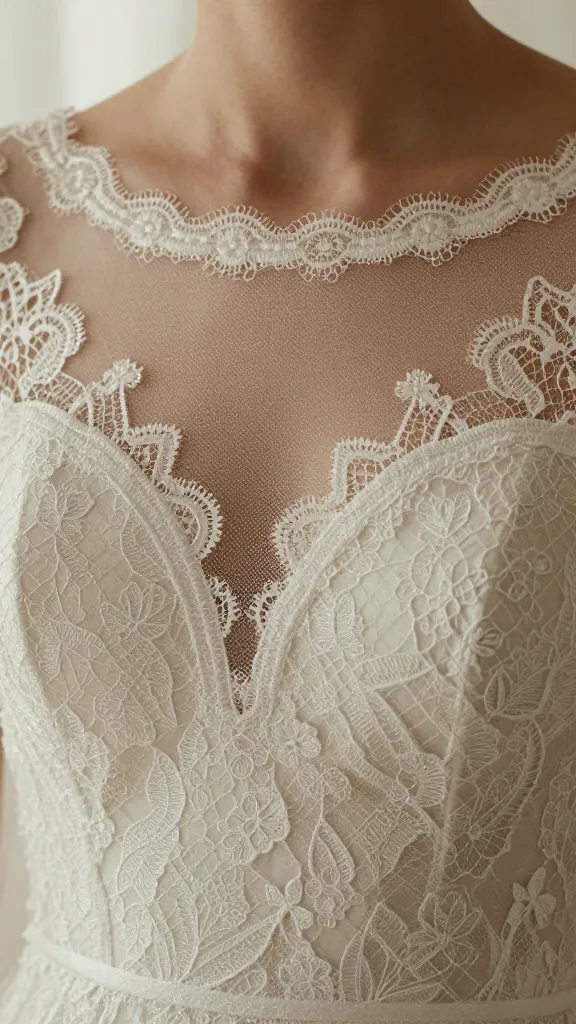 Close-up of a lace wedding dress neckline featuring a sheer illusion panel and scalloped edge, with soft backlighting to reveal the lace pattern and texture.