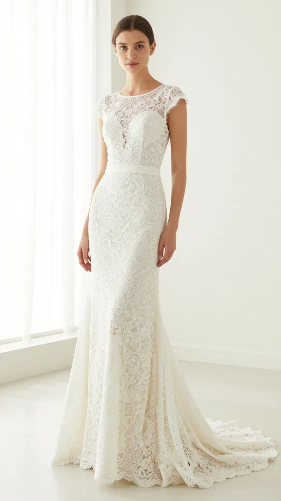 Model wearing an A-line lace gown with a defined waist and subtle train, standing in a bright, airy room to capture the gown’s graceful movement and timeless silhouette.