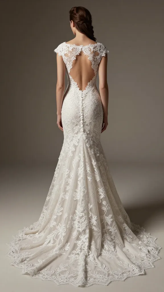 Dramatic back view of a wedding dress with an open lace back and cathedral-length train, highlighting the lace pattern continuity and craftsmanship against a neutral backdrop.