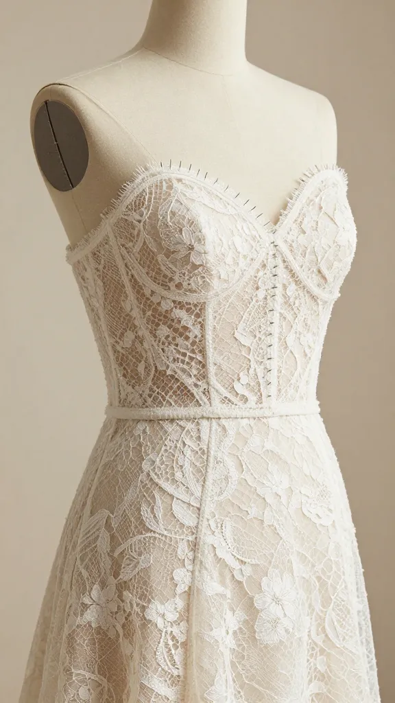 Editorial shot of a lace gown on a mannequin with visible sewing details, pins along the bodice, and a gentle focus on the construction to convey the idea of durable, story-rich lace.