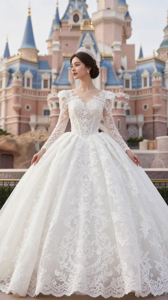 A grand bridal portrait of a woman wearing a lace ball gown with a full, voluminous skirt, intricate Chantilly lace detailing, soft natural light, and a fairytale-inspired castle in the background, no text on image.