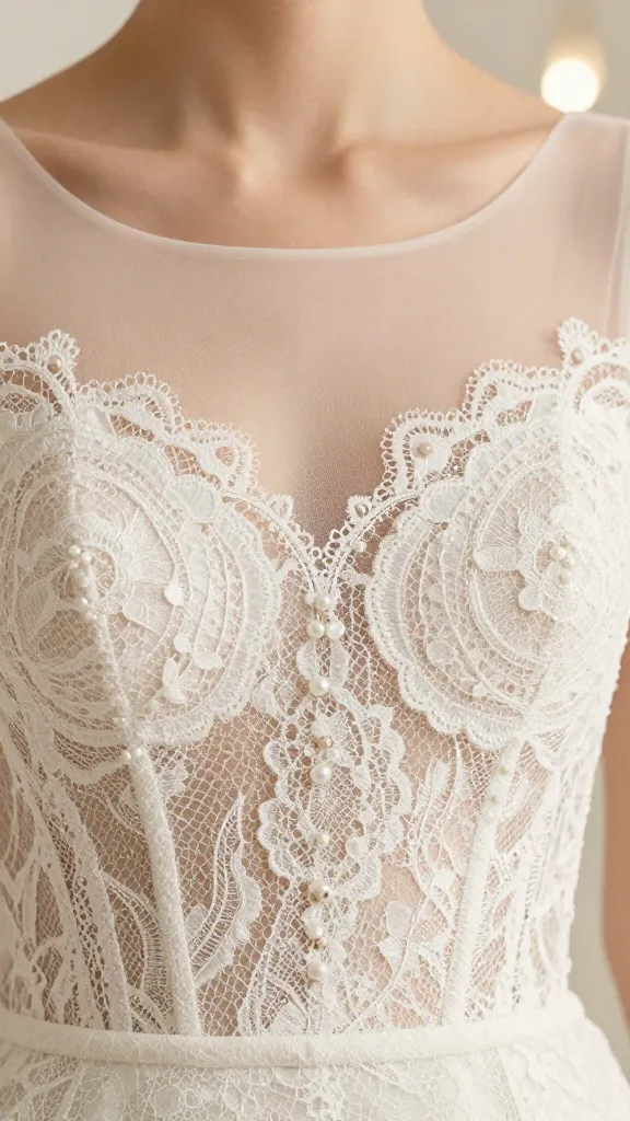 Close-up shot of the bodice featuring delicate Chantilly lace over a sheer illusion neckline, tiny pearls and bead accents, and soft bokeh in the background, studio lighting, no text.