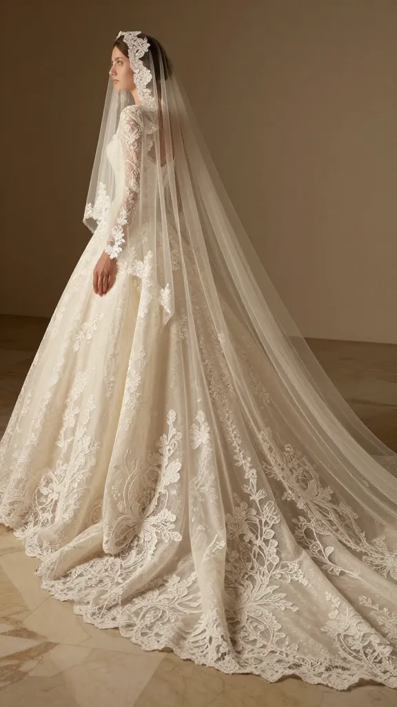 Side view of a lace ball gown with Alençon lace appliqués, dramatic cathedral-length veil, cascading train across a marble floor, warm golden hour lighting, no text.