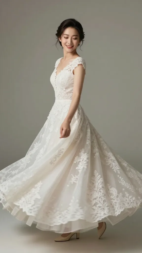Movement shot of a bride twirling in a lace ball gown, lace motifs subtly shifting with motion, soft candid smile, neutral backdrop, no text.