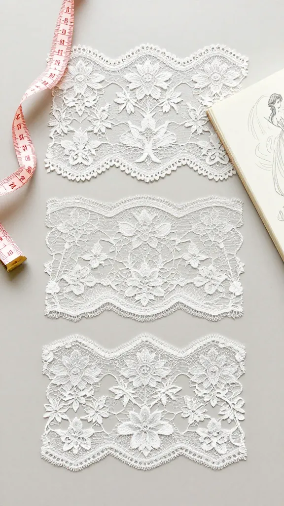 Flat lay composition of three lace samples (Chantilly, Alençon, and a floral lace) arranged with a delicate measuring tape and a bridal sketchbook, neutral background, no text.