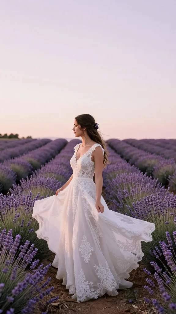 Outdoor ceremony scene with a bride in a lace ball gown standing among blooming lavender fields, gentle breeze lifting the skirt, pastel-toned sky, no text.