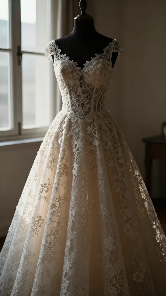 Interior portrait highlighting the dress silhouette with a fitted bodice and full skirt, lace overlay catching light from a nearby window, soft shadows, no text.