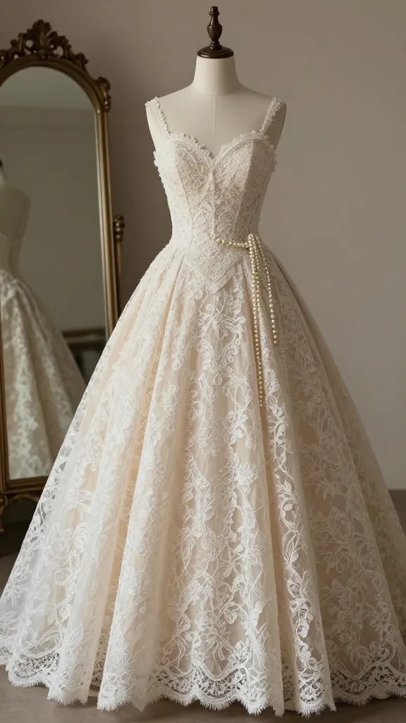Editorial shot of a lace ball gown displayed on a dress form with a vintage mirror, pearls draped nearby, muted color palette, focus on texture of lace, no text.