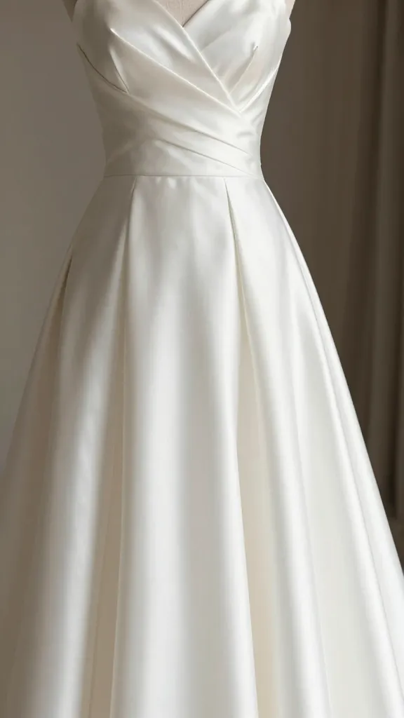 A close-up side profile of a silk A-line wedding dress on a model, showcasing the soft flare starting at the narrow waist, natural luminescent silk sheen, and folded drape that catches daylight without being shiny or costume-like.
