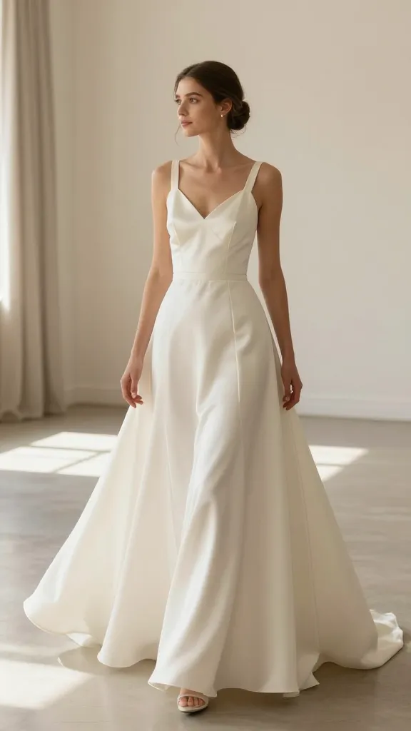 Full-length shot of a bride in an ivory silk A-line gown, standing in a sunlit ballroom with neutral decor, the dress gliding as she moves, emphasizing timeless elegance and comfortable flow.