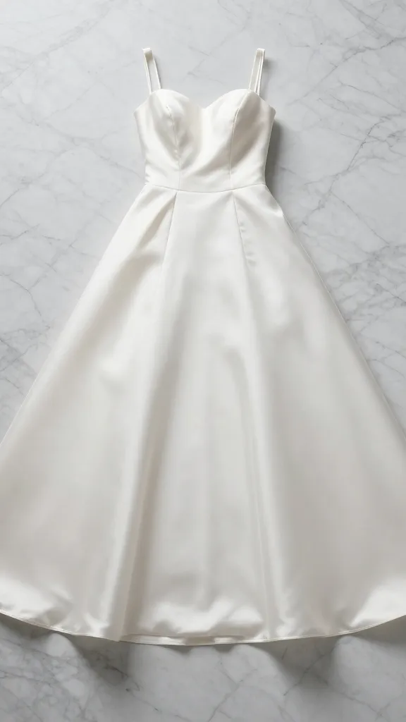 Editorial-style image of a silk A-line wedding dress laid flat on a marble surface, focusing on the clean lines, gentle flare, and the subtle luminous sheen of the fabric in natural daylight.