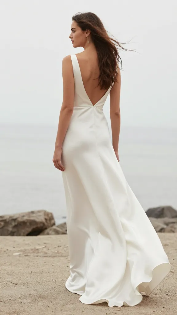 Back view of a silk A-line gown with a delicate train, captured outdoors on a soft breeze to illustrate how the silhouette moves with the wearer, with minimal accessories to keep focus on the dress.