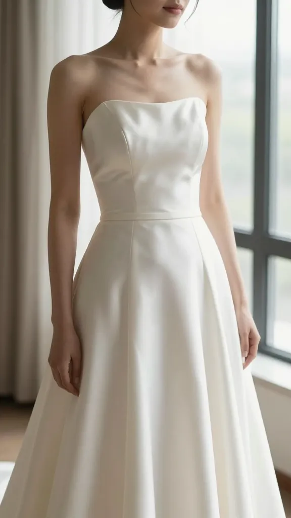Portrait of a bride wearing a silk A-line dress, waist-narrow silhouette and soft flare, captured in soft morning light near a large window, highlighting the grown-glow of the silk.
