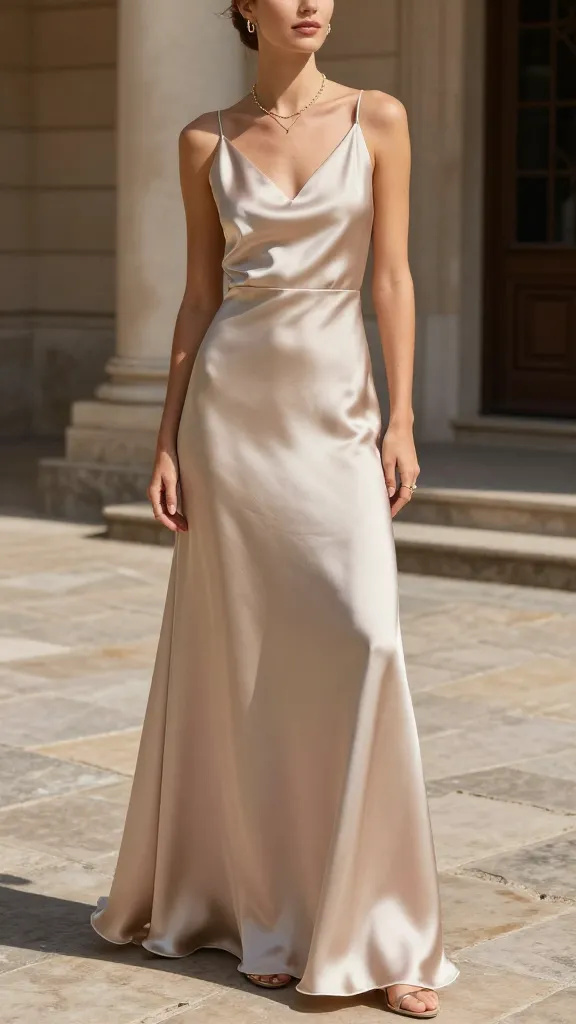 Street-style editorial shot of a silk A-line gown paired with simple, elegant jewelry, standing on a stone terrace; dress fabric catching sun rays to show off the understated luxury.