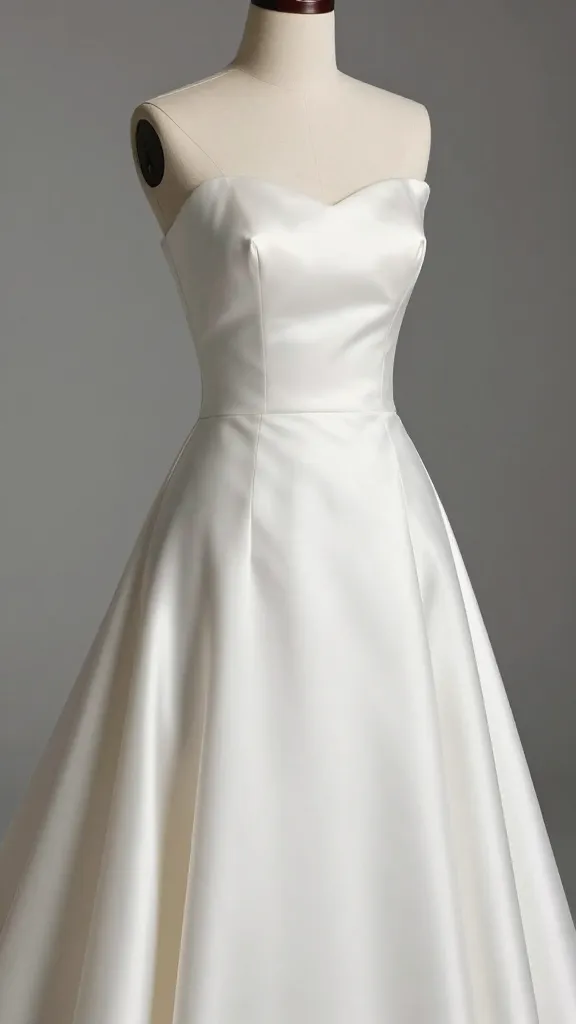 Interior studio shot featuring a silk A-line wedding dress on a dress form, focusing on the neckline and bodice shaping, with light reflecting off the silk for a refined glow.