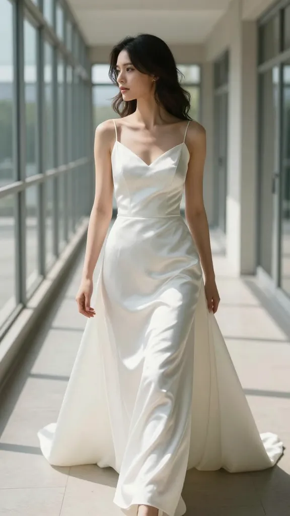 Editorial composition of a bride walking along a sunlit glass corridor, the silk A-line dress moving gracefully with her, capturing movement, light, and the timeless, non-trendy elegance of the silhouette.
