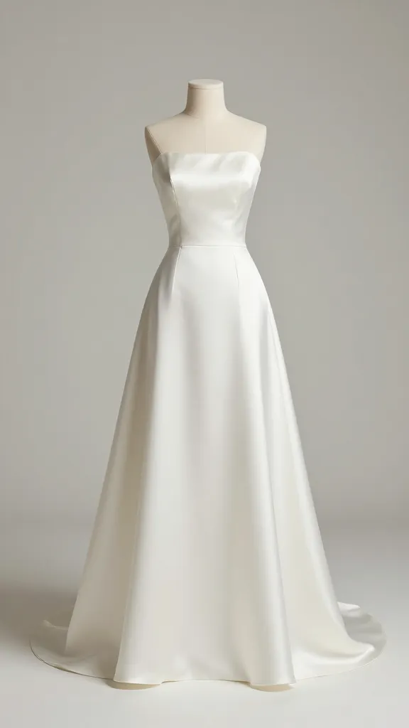 A full-length ivory satin wedding dress on a minimalist, softly lit studio backdrop, showcasing a clean A-line silhouette and subtle sheen, with gentle drape and minimal accessories, no text.