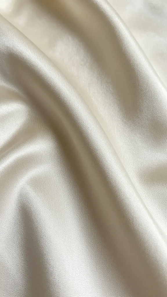 Close-up of ivory satin fabric under natural daylight, highlighting the warm glow and smooth surface, tiny wrinkles softly refracted light, tight weave detail, no jewelry.