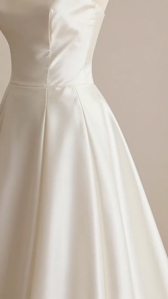 Over-the-shoulder shot of an ivory satin wedding dress, capturing the reflective gloss of the fabric along the bodice and skirt seam, soft pastel background, serene mood, no text.