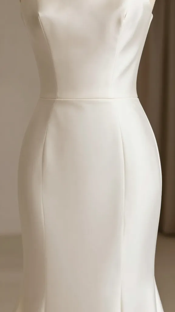 Elegant close-up of the satin waistline and hip curve of an ivory gown, demonstrating flattering silhouette and precise tailoring, shallow depth of field with blurred backdrop, no text.