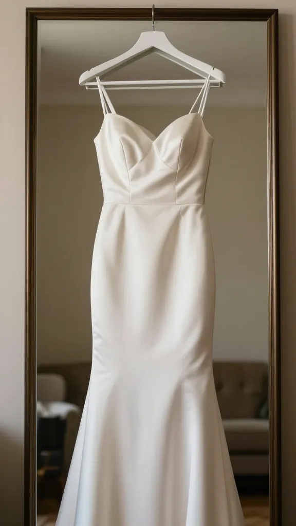 Bridal suite scene: ivory satin dress on a hanger against a softly lit mirror, highlighting the dress’s line and sheen, subtle reflections on the mirror surface, no text.