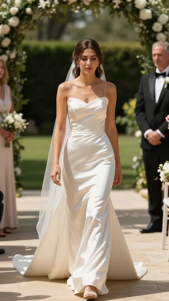 Daytime ceremony setting: ivory satin dress catching light as the bride walks through a sunlit aisle, focus on the dress movement and glow, natural surroundings, no text.