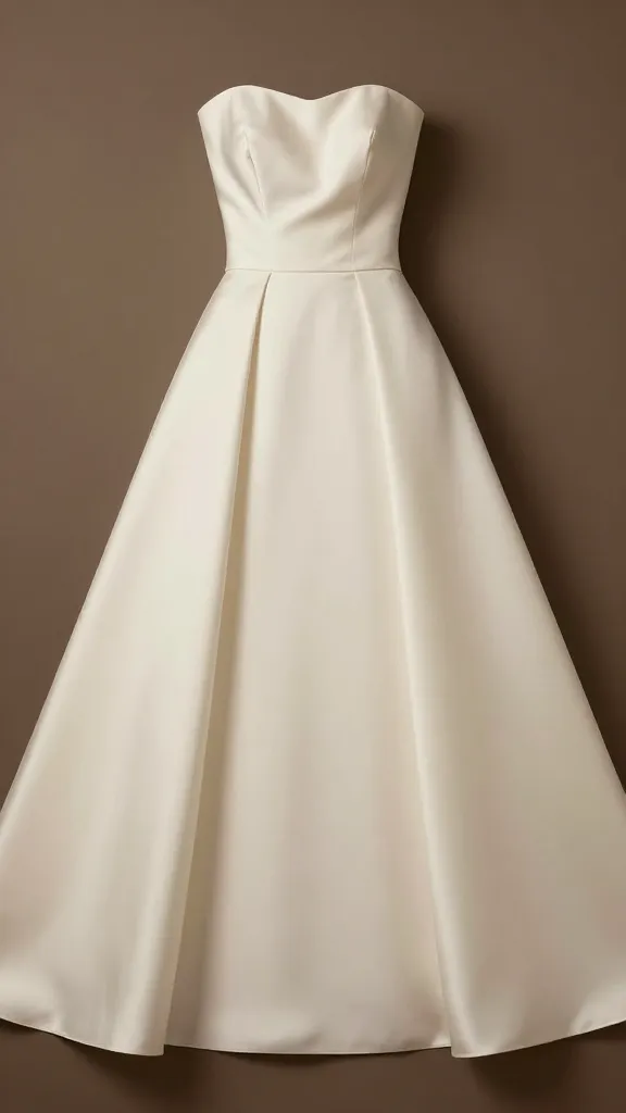 Artistic flat lay of an ivory satin wedding dress skirt and bodice pieces arranged to show the continuous line and drape, warm-toned lighting, no text.