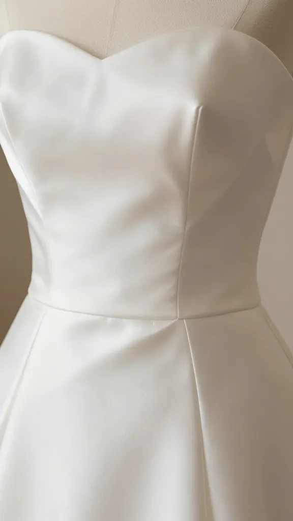 A close-up shot of a satin wedding dress bodice with soft studio lighting, highlighting the subtle sheen and smooth drape, no text or logos visible.