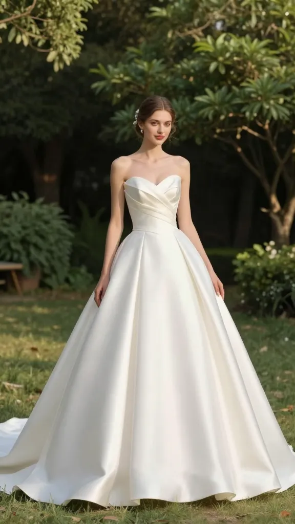 A full-length satin ball gown on a bride in a sunlit garden, the dress catching the light to create a gentle glow, with lush greenery blurred in the background.