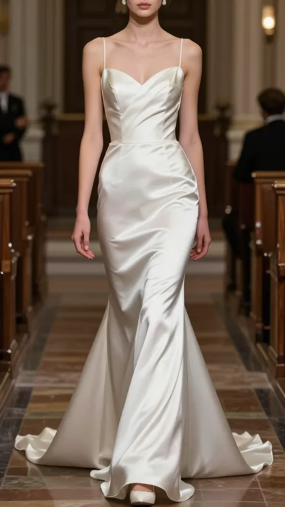 A sleek satin mermaid wedding gown on a model walking down a cathedral aisle, dramatic yet refined, focus on silhouette and reflective fabric.
