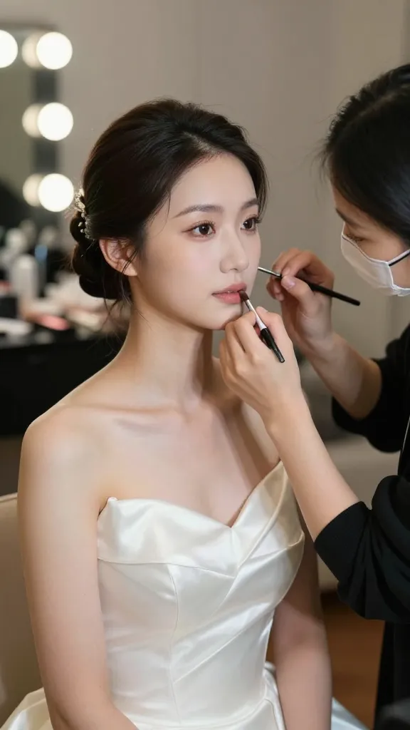 Intimate backstage scene: a bride in satin gown being styled by a makeup artist, soft bokeh lights in the background, emphasis on texture and sheen of satin.
