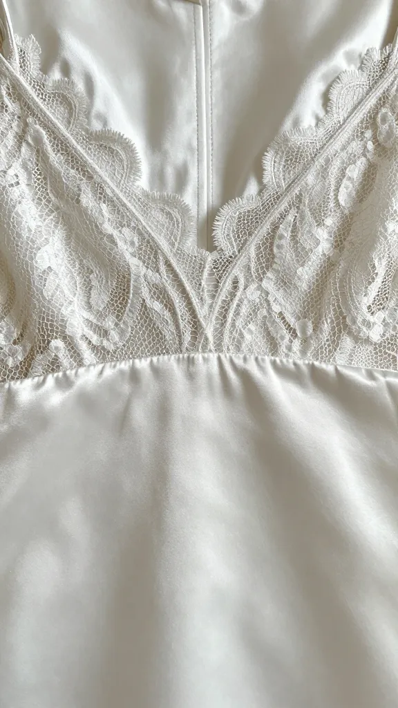 Satin dress paired with lace detailing: close-up of the transition where satin meets delicate lace on the neckline, soft natural light.