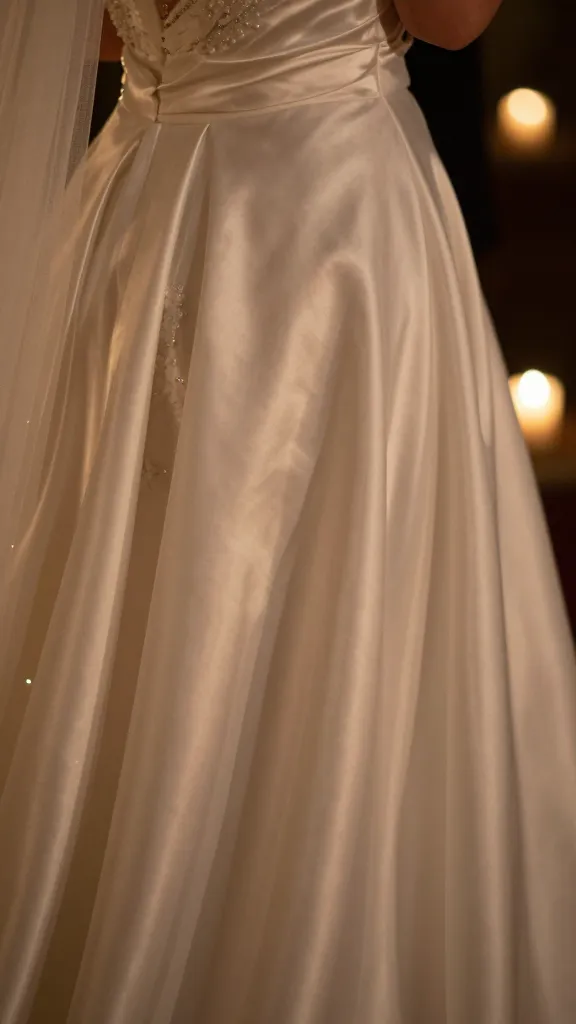 Evening wedding scene: satin dress with subtle beading accents under warm candlelight, soft reflections on fabric surface, photographer’s shallow depth of field.