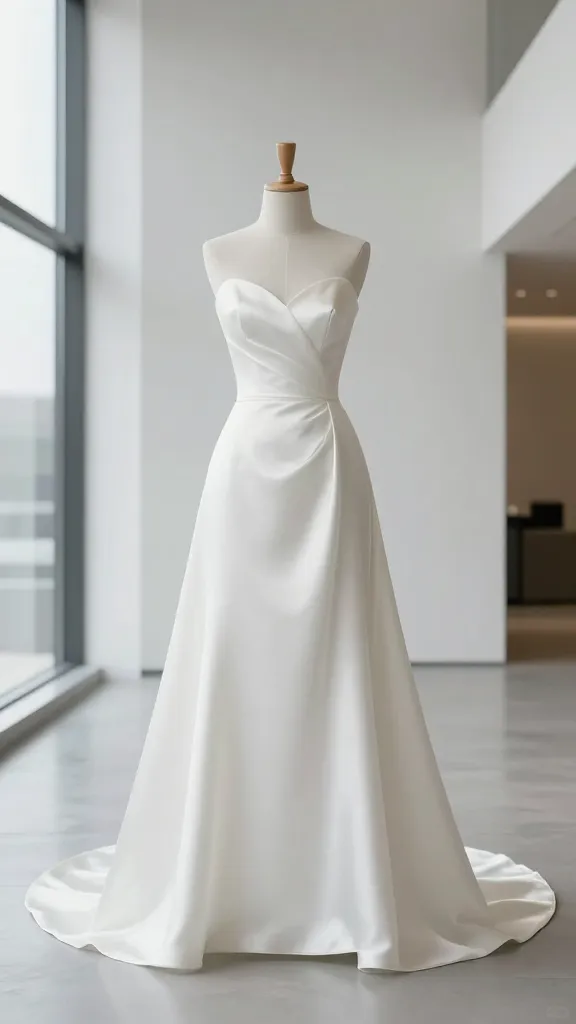 Minimalist satin wedding dress in a modern venue: clean lines, no embellishments, monochrome palette, architectural backdrop, light streaming through windows.
