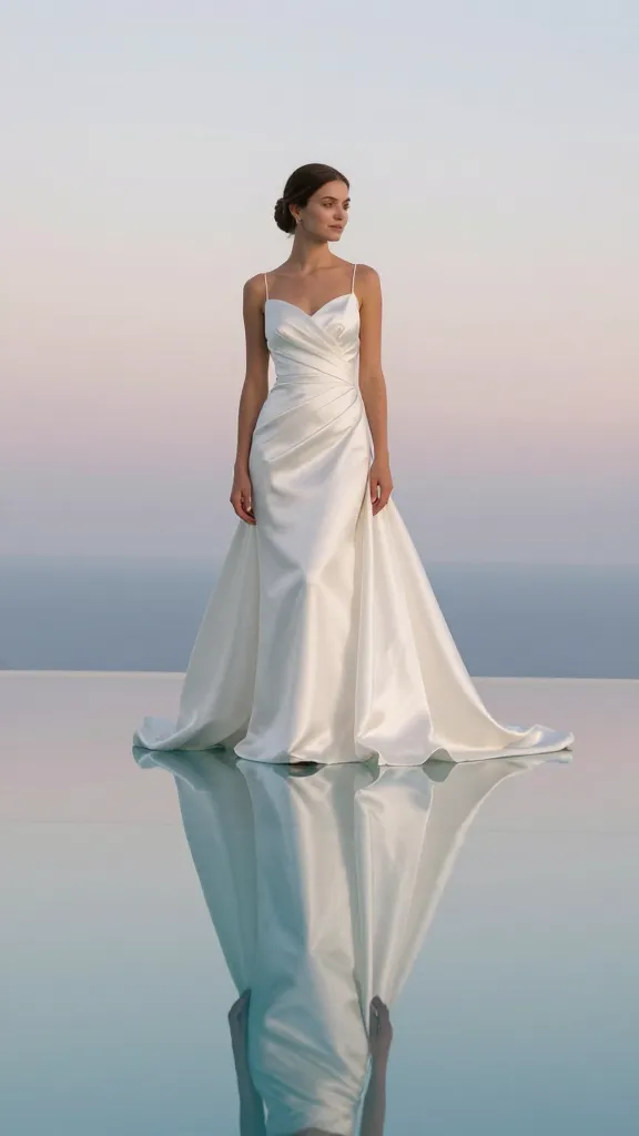 Portrait shot of a bride in a satin dress by a reflective pool or glassy surface, the dress’s satin glow mirrored, with a soft, dreamy sky backdrop.