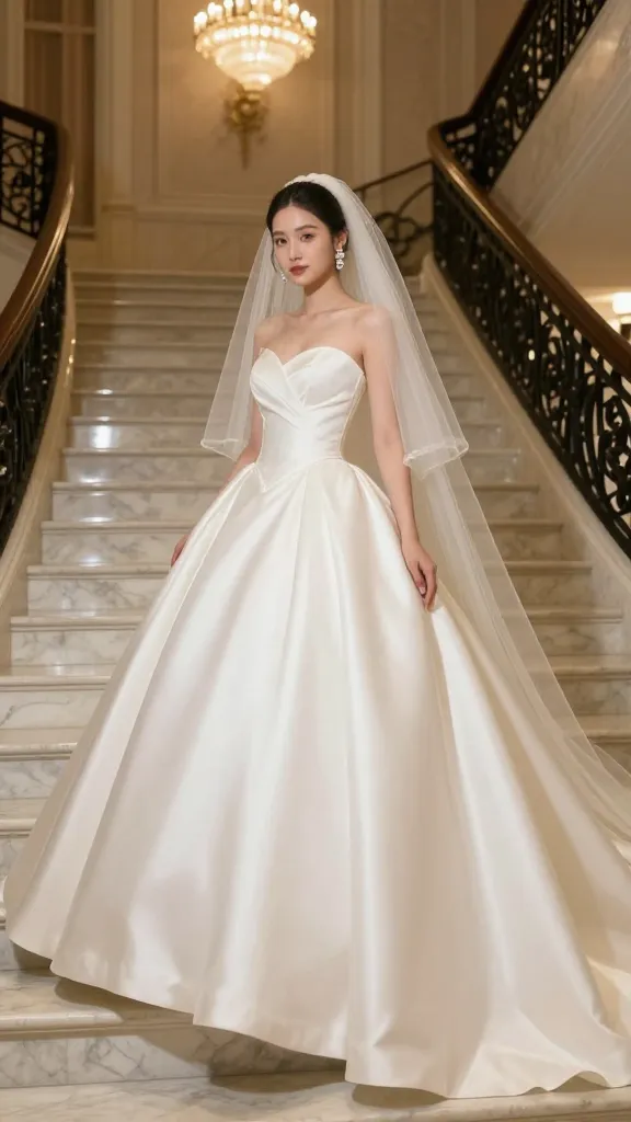 A bride in a classic ball gown with a voluminous satin skirt and fitted bodice, standing on a grand marble staircase, chandelier earrings, a long dramatic veil, and soft warm ballroom lighting, capturing a fairy-tale yet modern confident vibe.