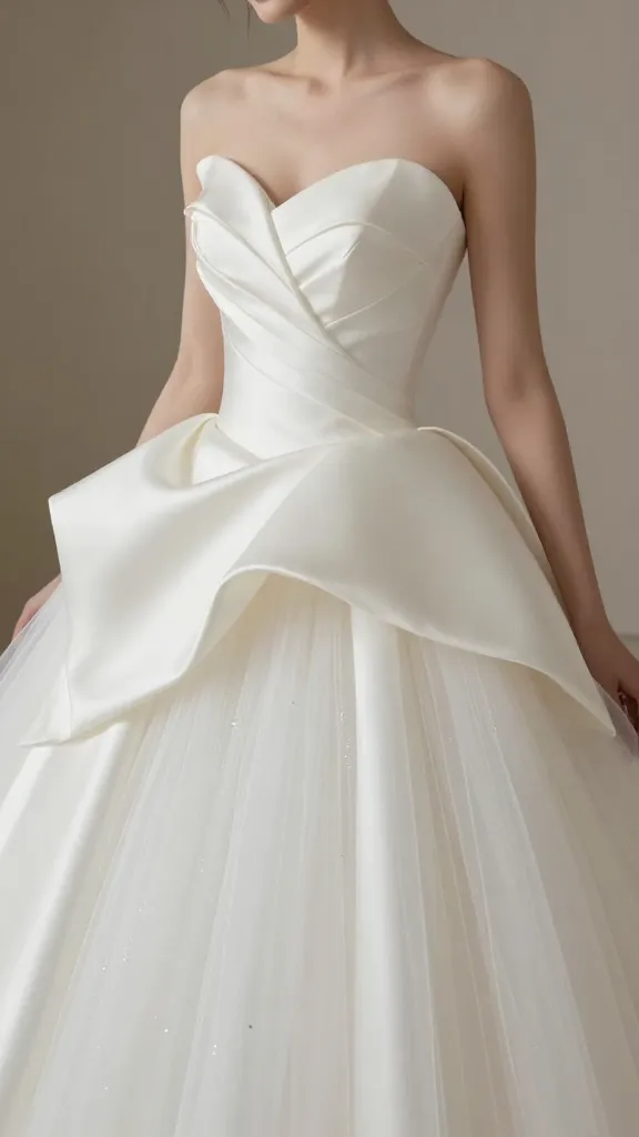 Close-up of a ball gown waist with a dramatic flare starting at the waist, fabric textures of satin and tulle creating volume, subtle glitter accents, and natural bridal makeup, against an elegant neutral backdrop.