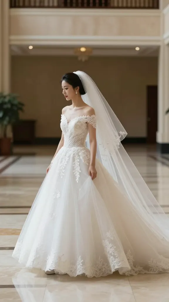 Full-length shot of a bride moving gracefully across a grand ballroom, ball gown swaying with every step, lace detailing on the bodice, and a statement veil trailing behind, ethereal photography style.