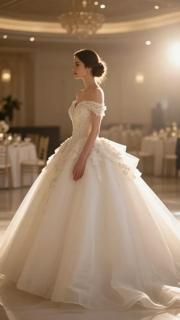Side profile of a bride in a ball gown with a pronounced silhouette, volume from the waist downward, sunset-lit ballroom interior, soft bokeh in the background to emphasize drama and movement.