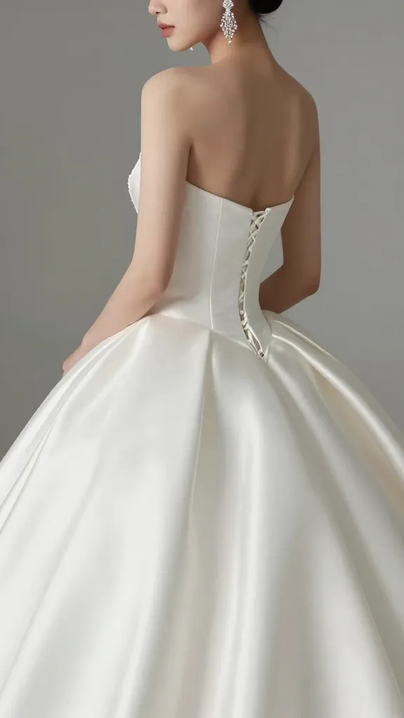 Bridal portrait focusing on the upper body of a ball gown wearer, showcasing a structured bodice with satin finish, chandelier earrings, and a voluminous back view of the skirt peeking from behind, against a minimalist backdrop.