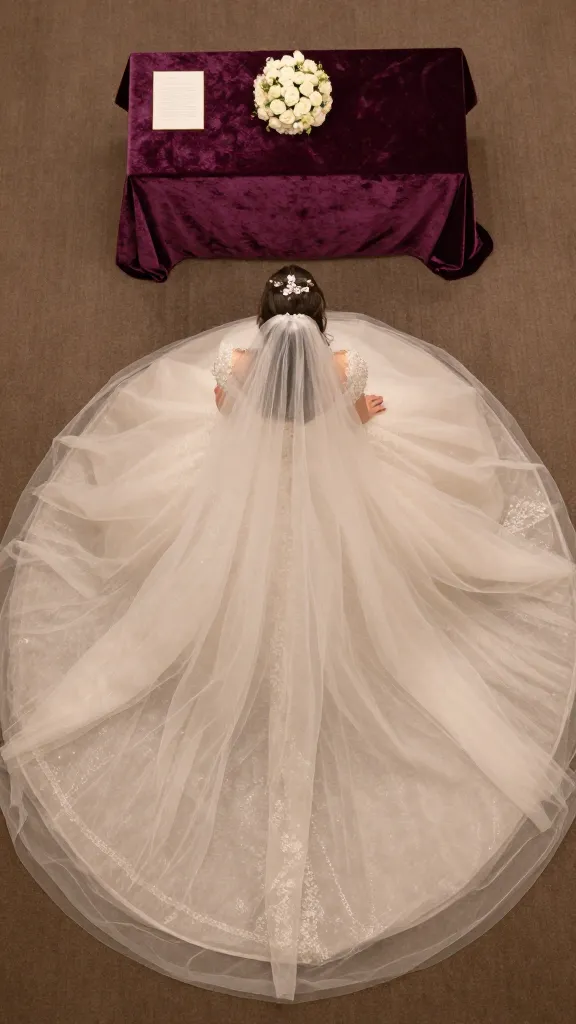 Aerial/top-down view of a bride in a ball gown, full skirt blooming outward from the waist, subtle shimmer on tulle layers, delicate bouquet on a velvet-draped table nearby to convey ceremony drama.
