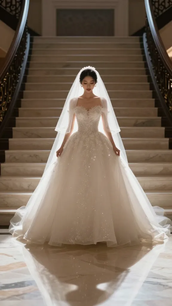 Lifestyle shot of a bride mid-step on a grand staircase, ball gown haloed by soft spotlight, veil catching a hint of sparkle, and reflective marble floor enhancing the gown’s silhouette.