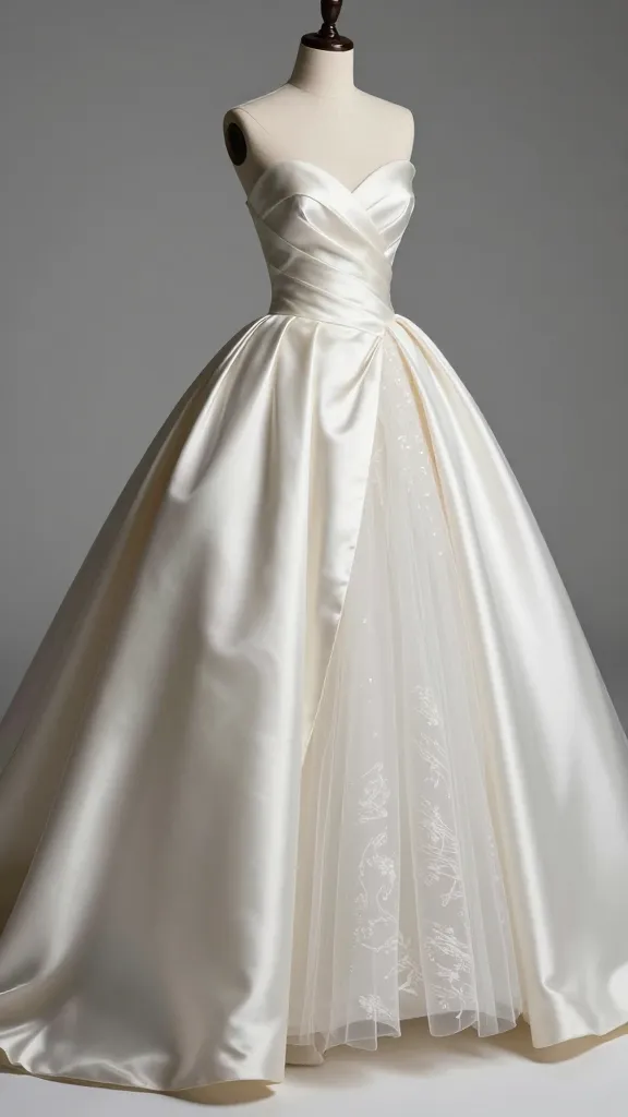 Studio scene with a ball gown displayed on a dress form, focusing on the dramatic skirt volume, rich fabrics (satin, mikado, or tulle) swatching, and no text, pure fashion-forward bridal silhouette study.
