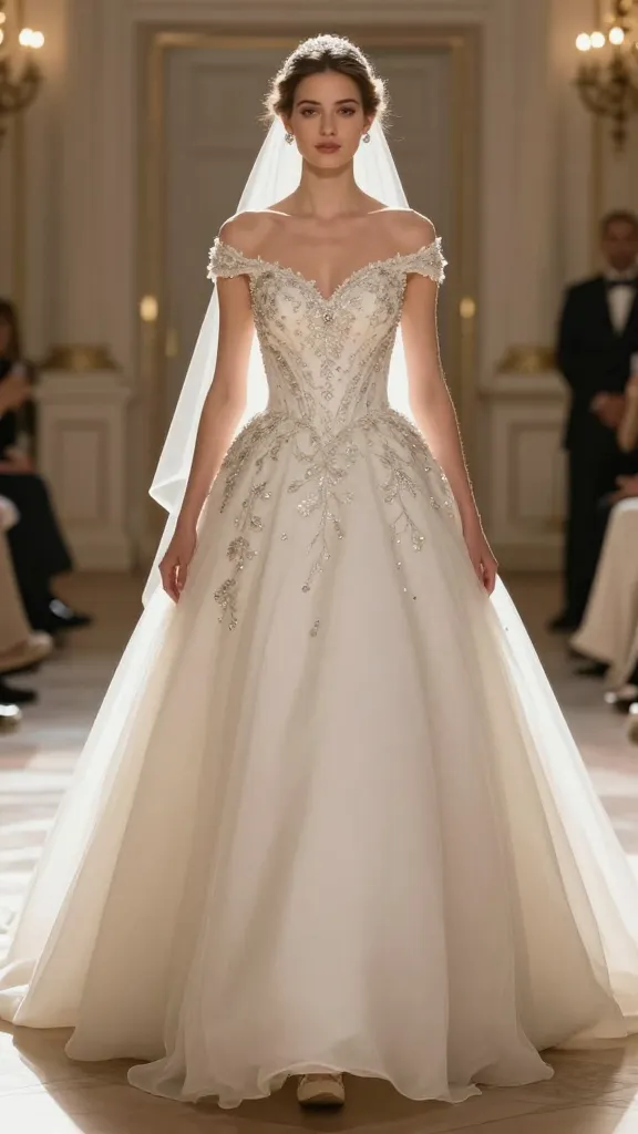 A princess wedding dress with a fitted bodice on a model walking down a sunlit ballroom aisle, intricate silver beading and embroidery along the bodice, full voluminous skirt, soft chiffon layers catching the light, no text, cinematic glow.
