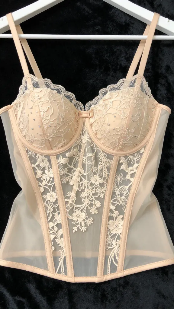 Close-up of a fitted bodice showcasing boning structure and delicate sweetheart neckline, sheer illusion panels with lace appliqué, subtle sparkle from crystals, on a hanger against a velvet backdrop.