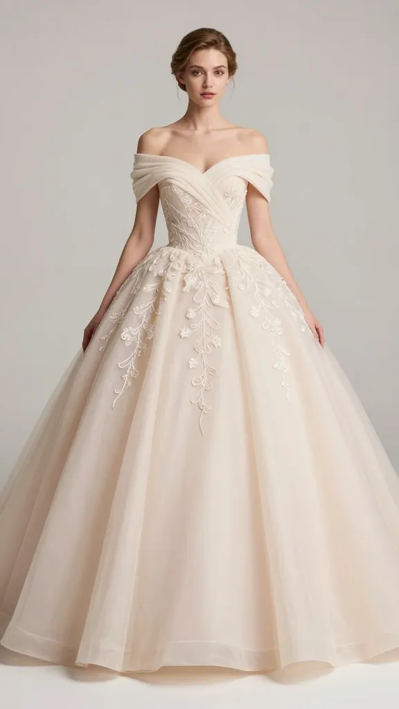 Model in a princess gown with bateau neckline and off-the-shoulder sleeves, dramatic volume skirt, embroidery cascading from the waist onto the skirt, soft pastel color palette, studio lighting.
