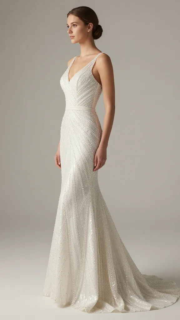 Side profile of a bride wearing a fitted bodice gown with a cinched waist and cascading layers, light reflecting off beads and sequins, architectural yet comfortable silhouette, empty background.